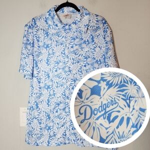 LA Dodgers Hawaiian Print Sort Sleeve Button Up Shirt Blue White Size Medium